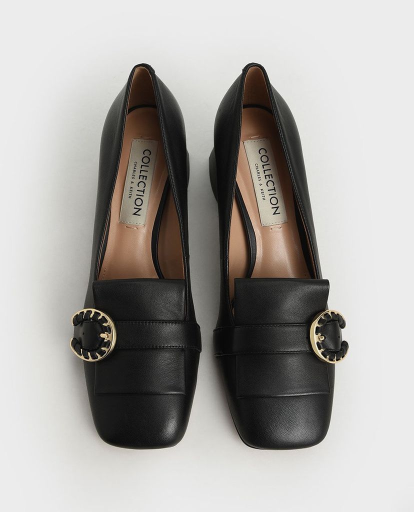 CHARLES & KEITH - Giày cao gót mũi vuông đế trụ Leather Buckle