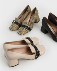 CHARLES & KEITH - Giày cao gót mũi vuông đế trụ Leather Buckle