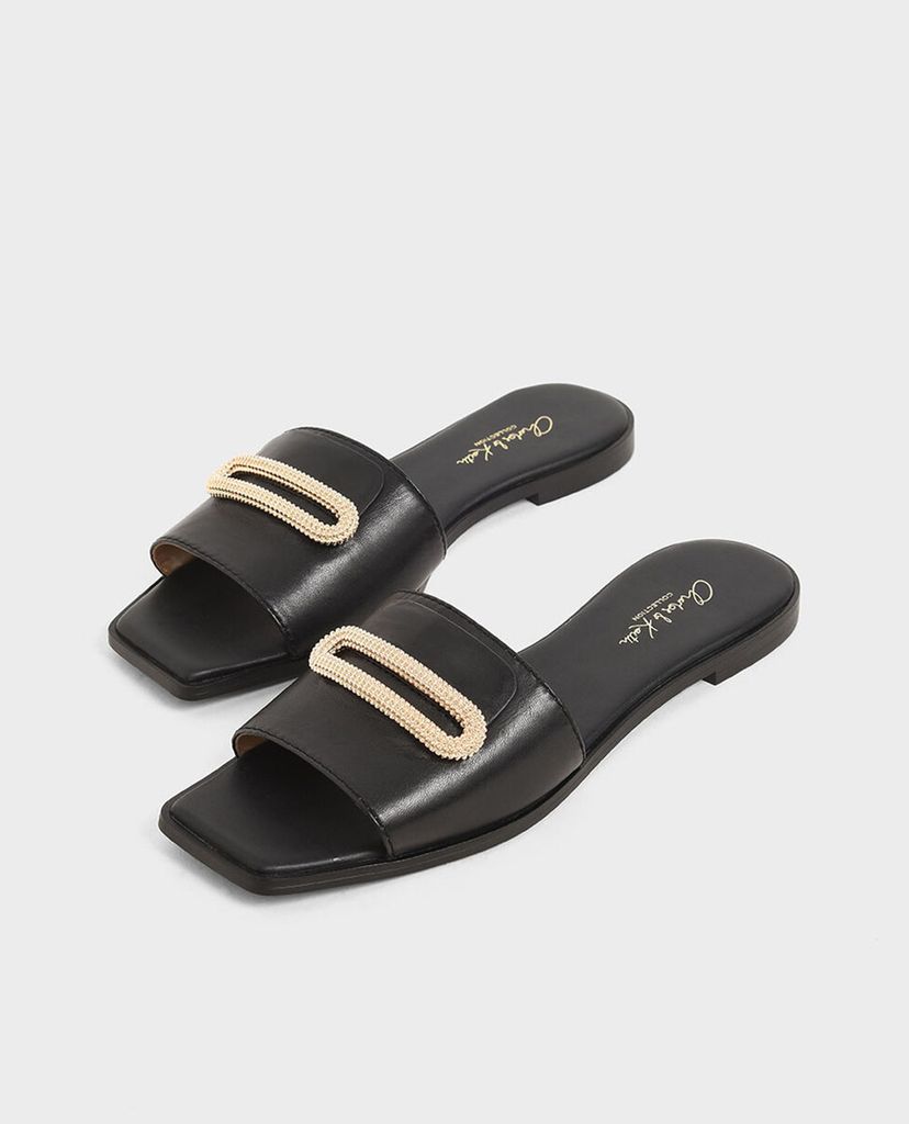 CHARLES & KEITH - Giày sandal nữ quai ngang Leather Metallic Accent