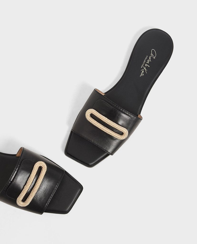 CHARLES & KEITH - Giày sandal nữ quai ngang Leather Metallic Accent