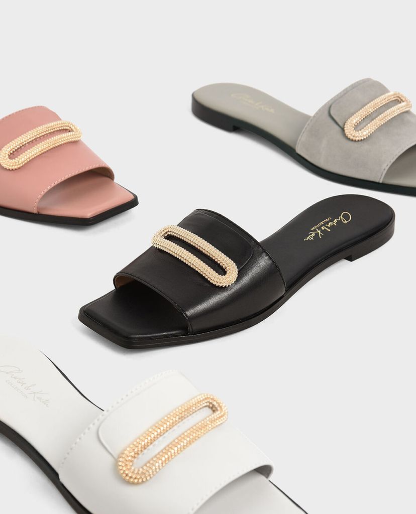 CHARLES & KEITH - Giày sandal nữ quai ngang Leather Metallic Accent
