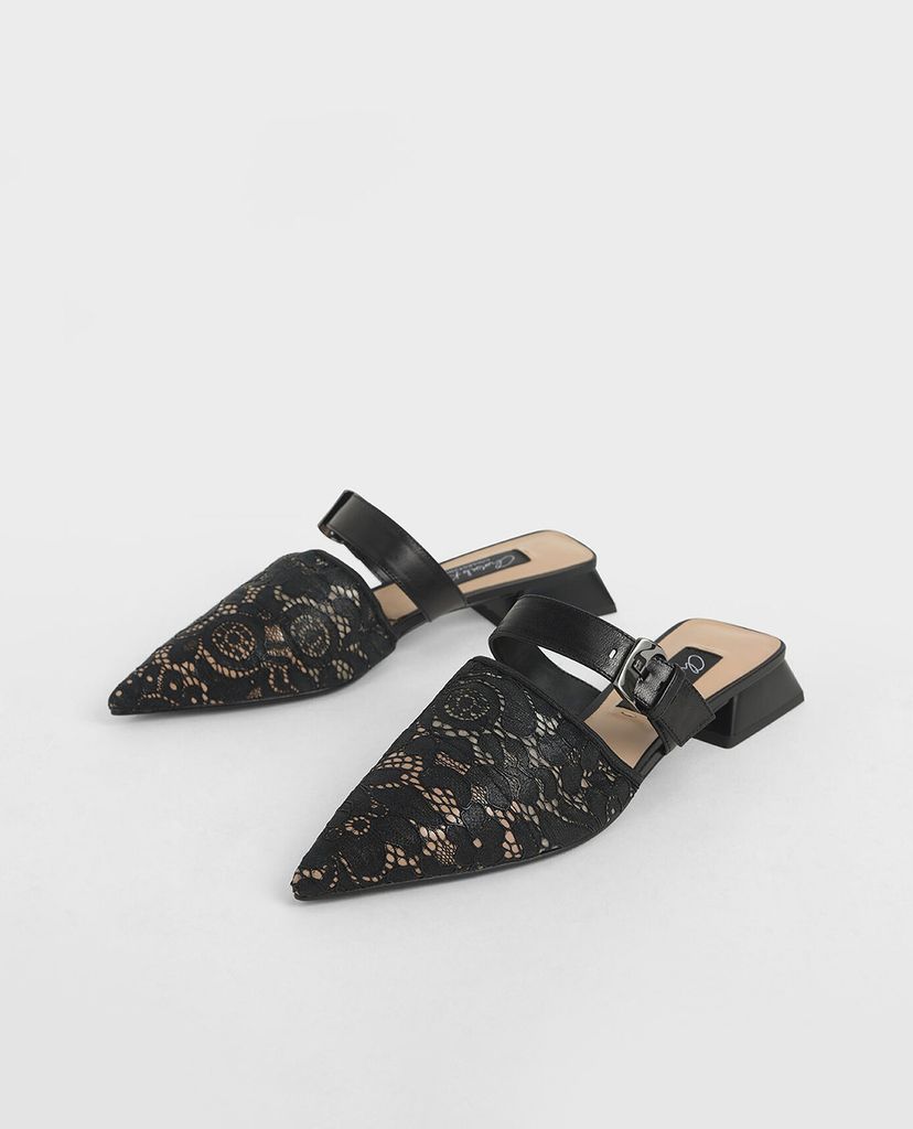 CHARLES & KEITH - Giày mules mũi nhọn Leather Lace Pointed
