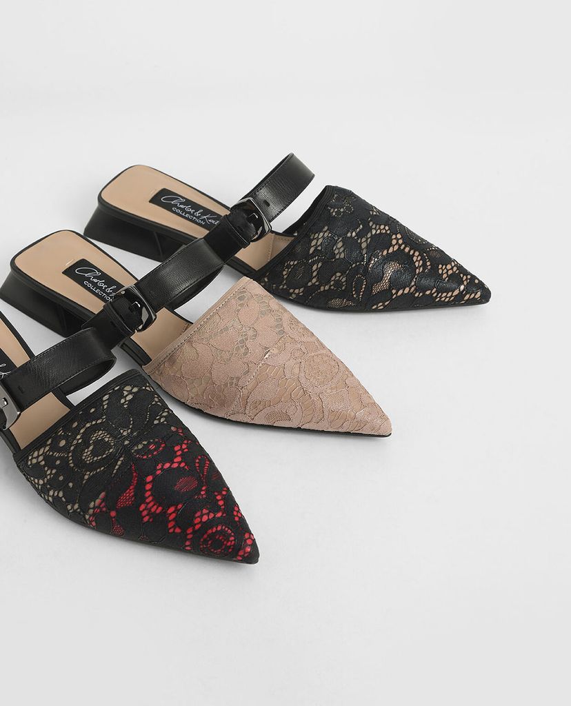 CHARLES & KEITH - Giày mules mũi nhọn Leather Lace Pointed