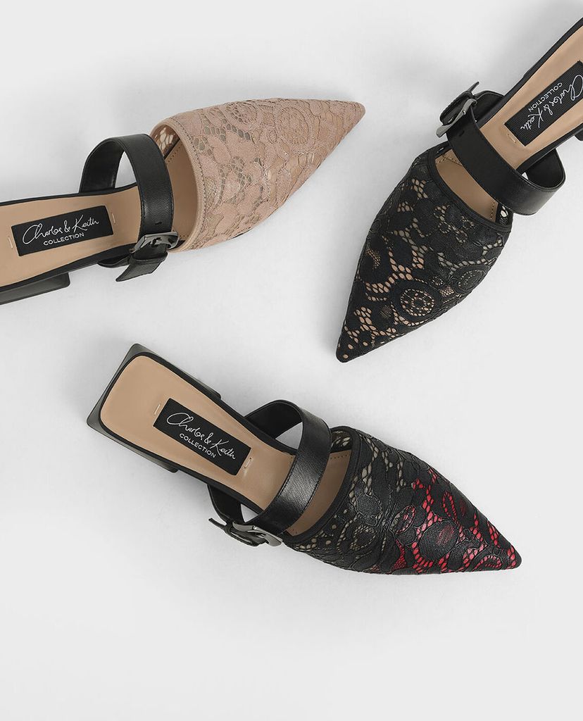 CHARLES & KEITH - Giày mules mũi nhọn Leather Lace Pointed
