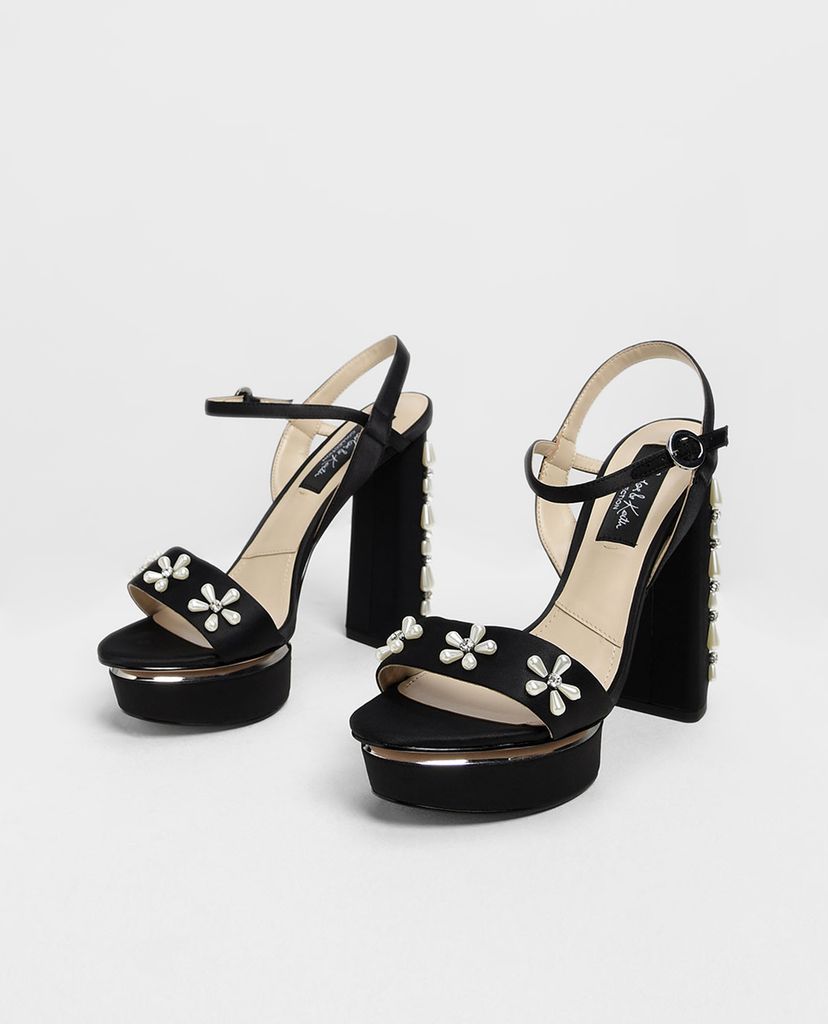 CHARLES & KEITH - Giày cao gót đế vuông Floral Embellished Satin