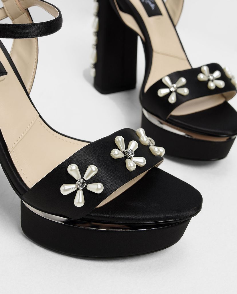 CHARLES & KEITH - Giày cao gót đế vuông Floral Embellished Satin