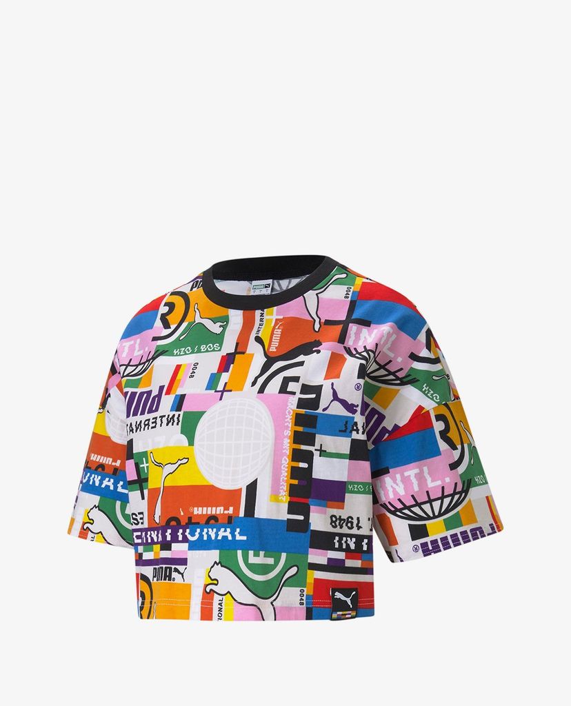 PUMA - Áo croptop nữ cổ tròn ngắn tay International Printed Sportstyle
