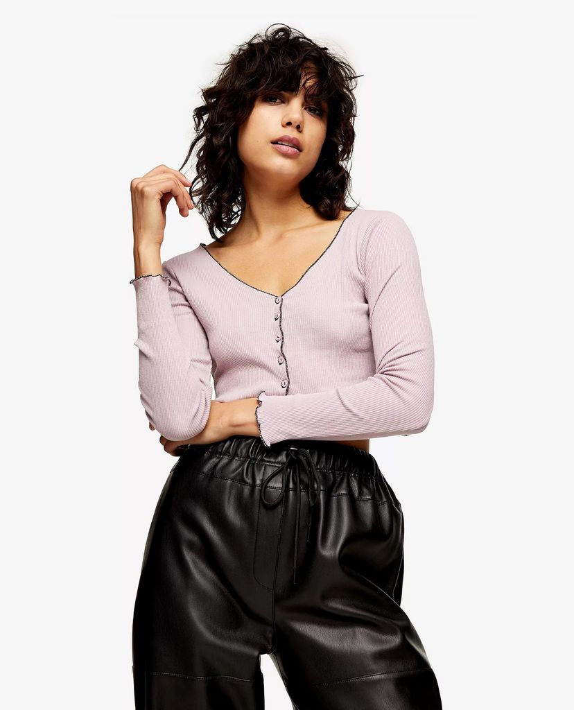 TOPSHOP - Áo cardigan nữ tay dài phom croptop Pink Contrast