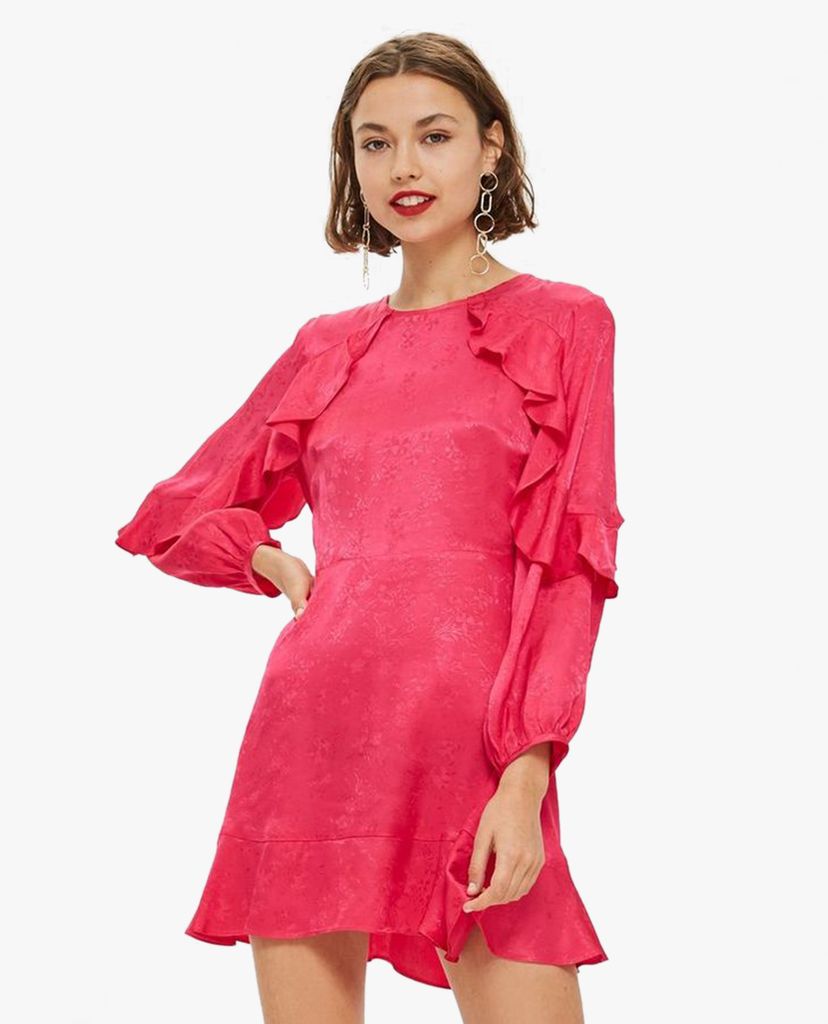 TOPSHOP - Đầm mini cổ tròn tay dài Jacquard Ruffle Tea