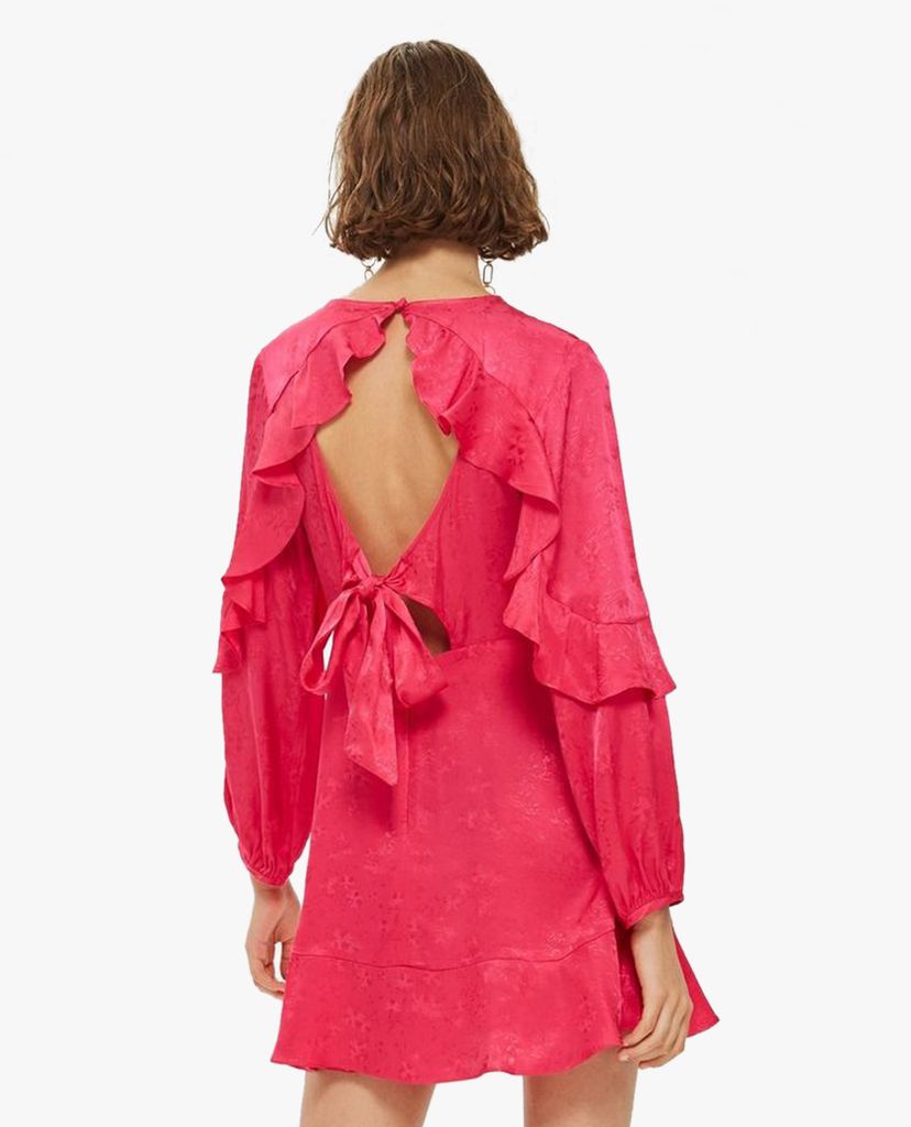 TOPSHOP - Đầm mini cổ tròn tay dài Jacquard Ruffle Tea