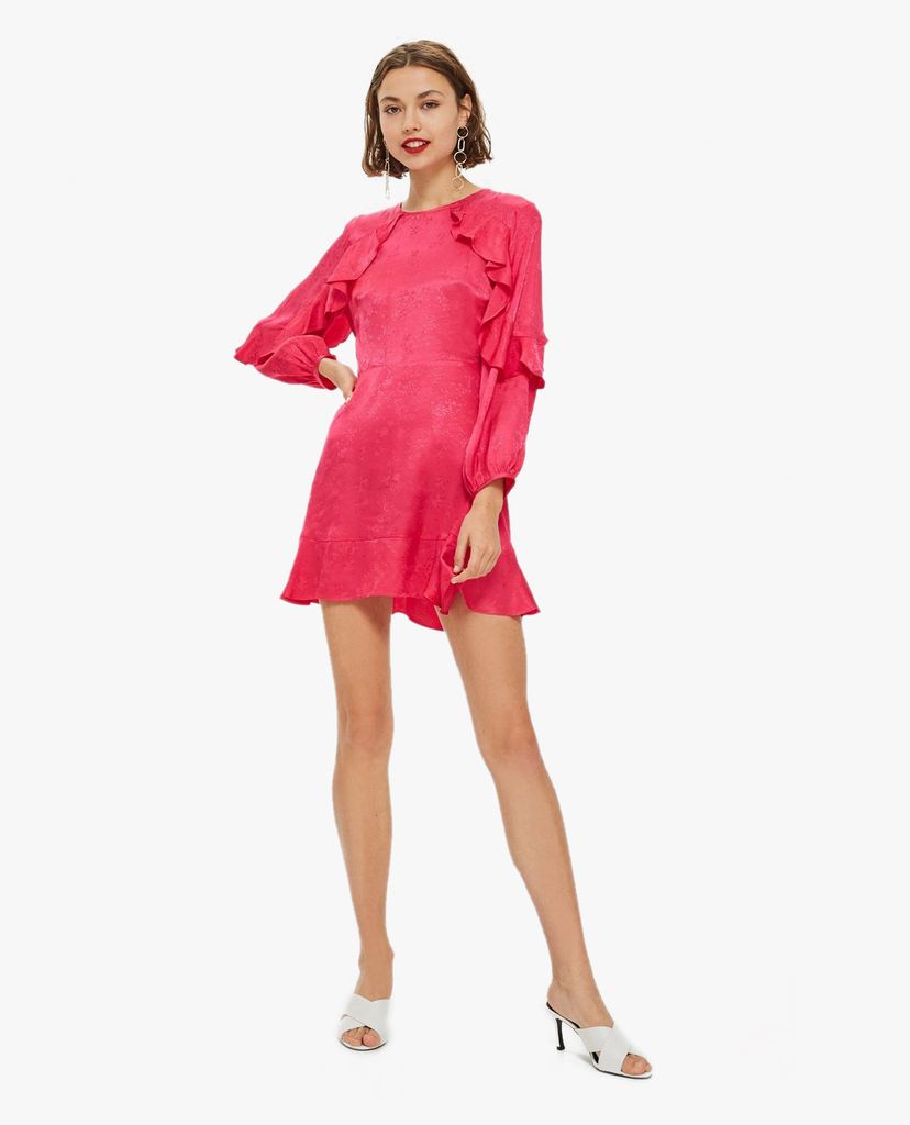 TOPSHOP - Đầm mini cổ tròn tay dài Jacquard Ruffle Tea