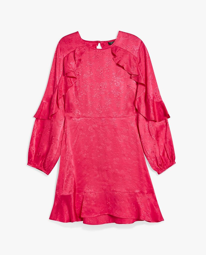 TOPSHOP - Đầm mini cổ tròn tay dài Jacquard Ruffle Tea