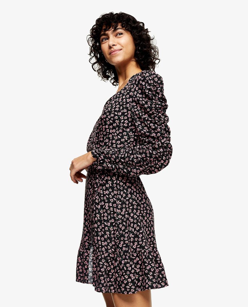 TOPSHOP - Đầm mini cổ V tay dài Floral Print Wrap