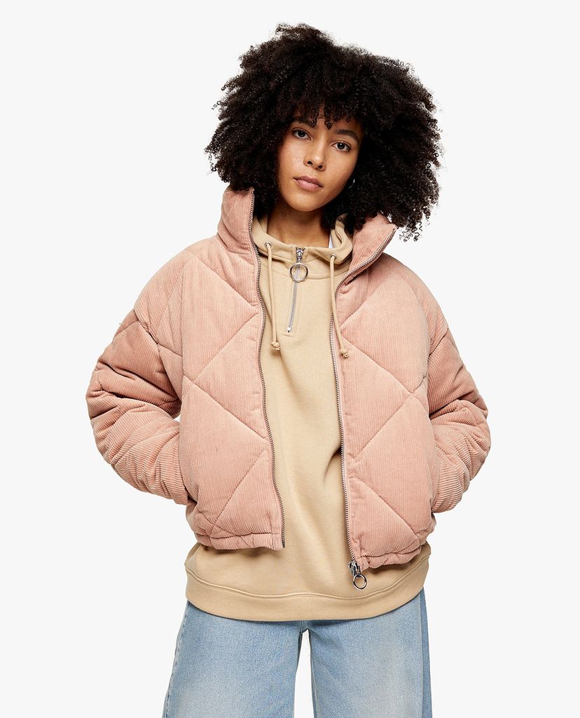 TOPSHOP - Áo khoác phao nữ cổ bẻ Pink Corduroy Padded Puffer