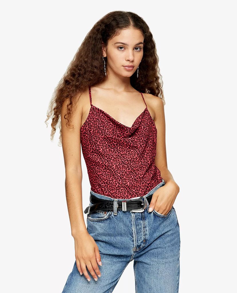 TOPSHOP - Áo hai dây nữ cổ đổ Pink Leopard Print Cowl