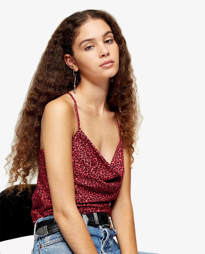 TOPSHOP - Áo hai dây nữ cổ đổ Pink Leopard Print Cowl