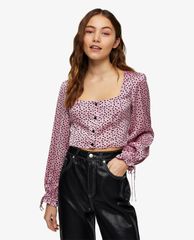 TOPSHOP - Áo kiểu nữ cổ vuông tay dài phom croptop Pink Heart Print Satin