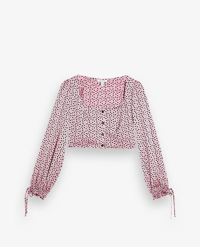 TOPSHOP - Áo kiểu nữ cổ vuông tay dài phom croptop Pink Heart Print Satin