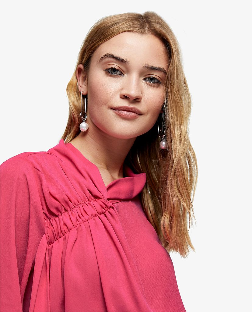 TOPSHOP - Áo kiểu nữ tay dài xếp li Pink Shoulder Ruched