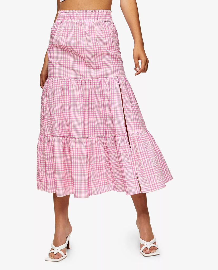 TOPSHOP - Chân váy midi xẻ tà Pink Check Tiered