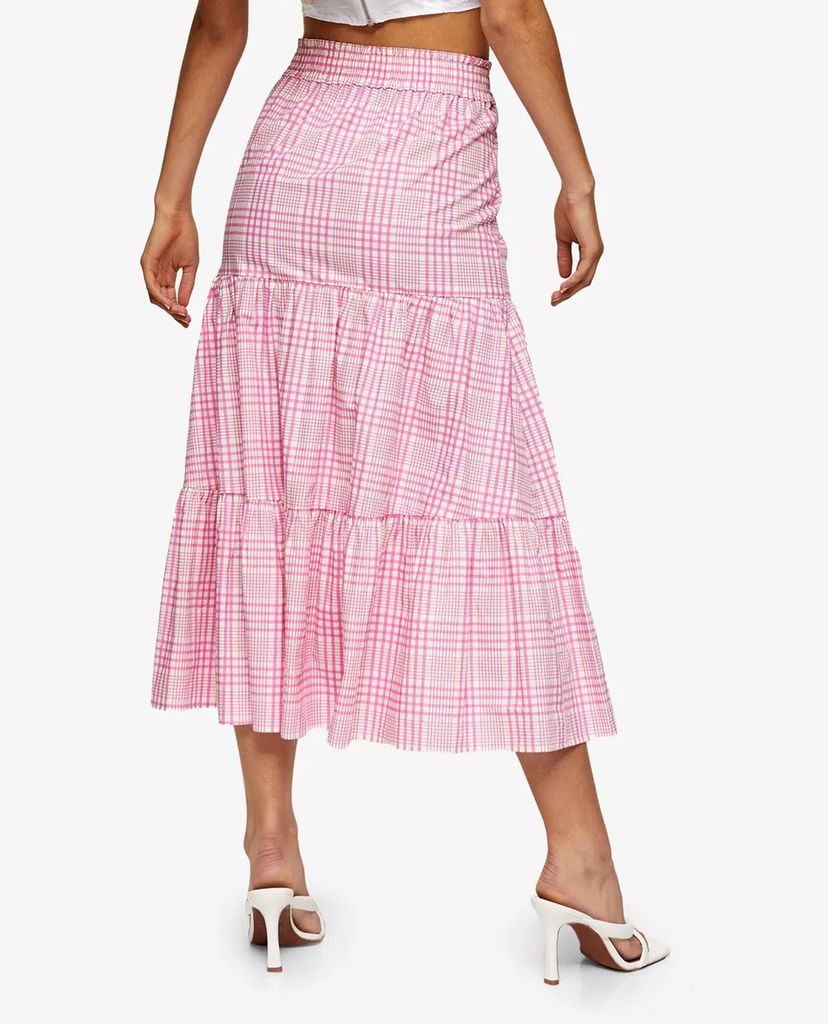 TOPSHOP - Chân váy midi xẻ tà Pink Check Tiered