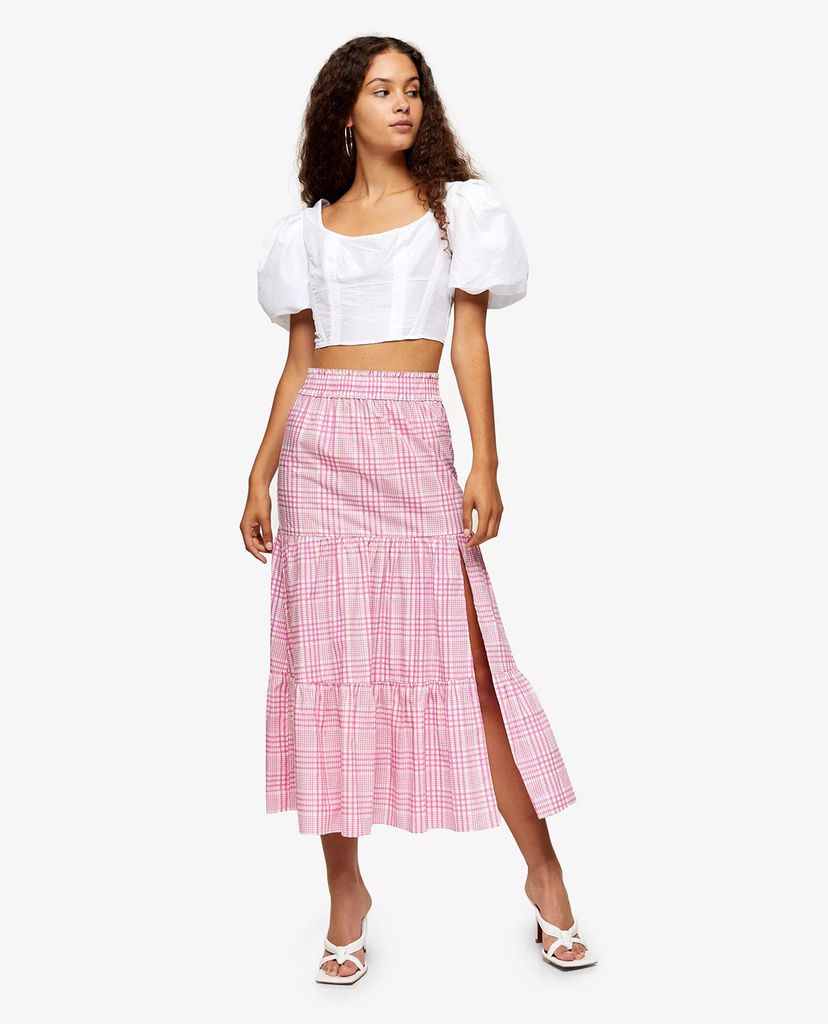 TOPSHOP - Chân váy midi xẻ tà Pink Check Tiered