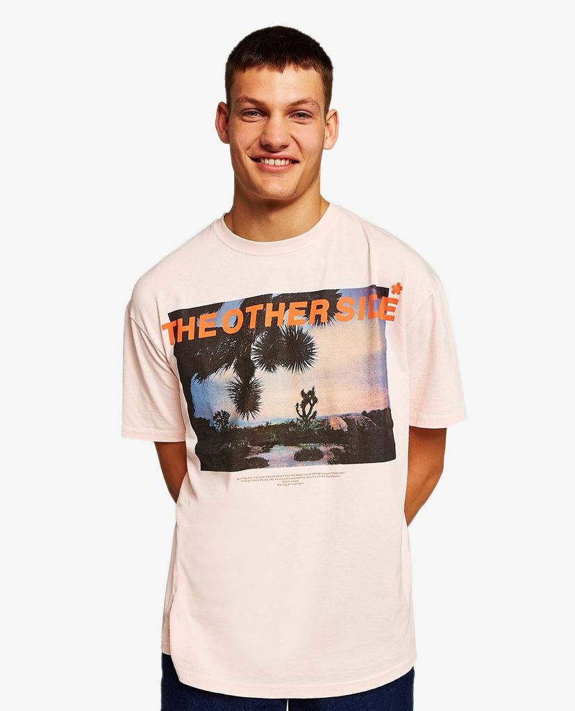 TOPMAN - Áo thun nam cổ tròn tay ngắn Pink Other Side Oversized