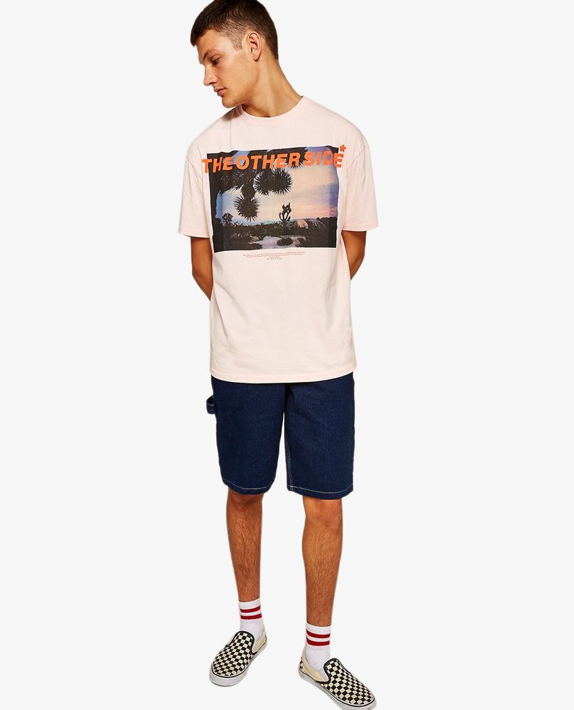 TOPMAN - Áo thun nam cổ tròn tay ngắn Pink Other Side Oversized