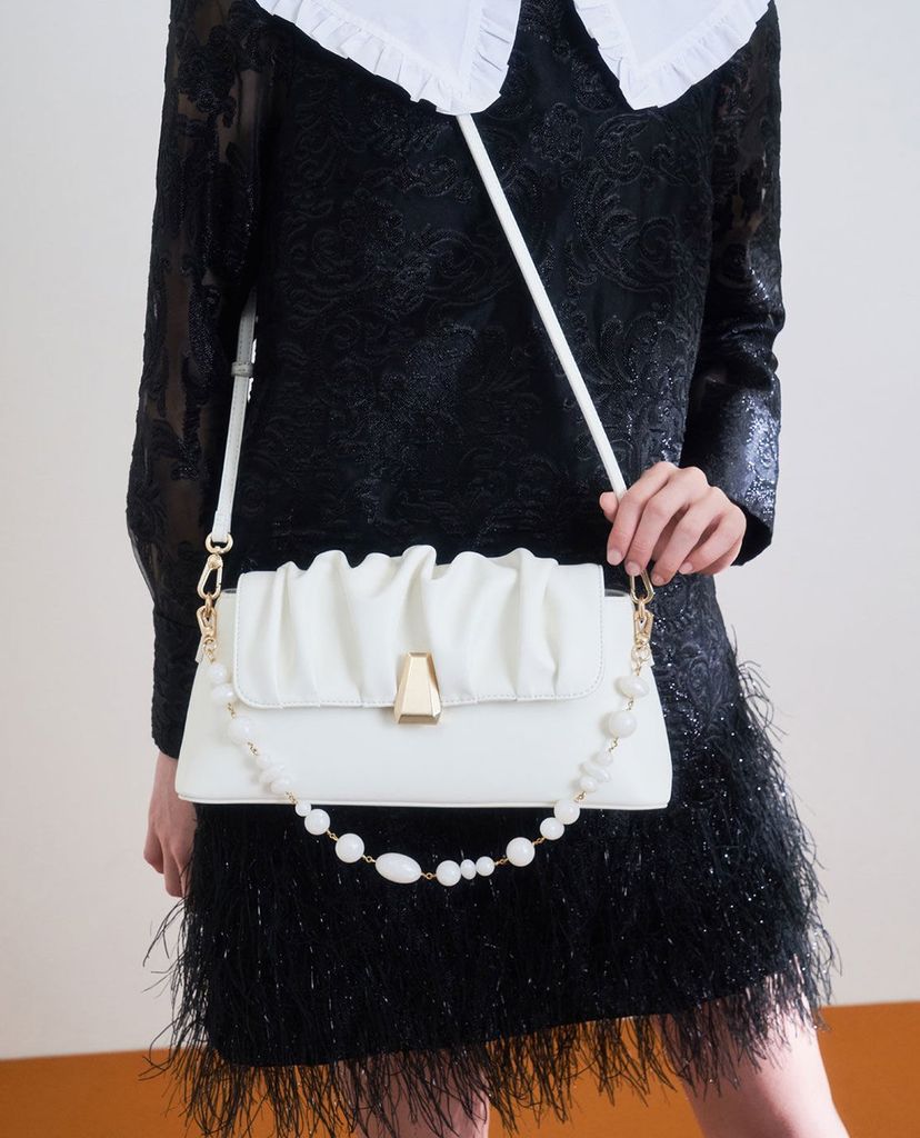 CHARLES & KEITH - Túi đeo vai nữ chữ nhật Beaded Strap Ruched Trapeze