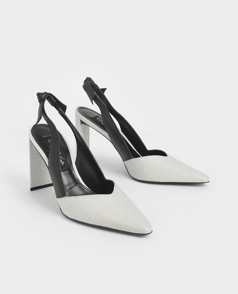 CHARLES & KEITH - Giày cao gót mũi nhọn Croc Effect Bow Slingback