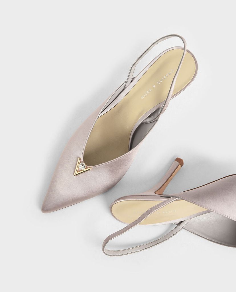 CHARLES & KEITH - Giày cao gót mũi nhọn Satin Embellished Slingback