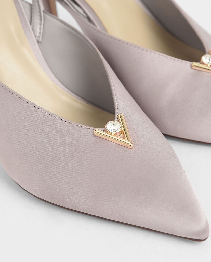 CHARLES & KEITH - Giày cao gót mũi nhọn Satin Embellished Slingback