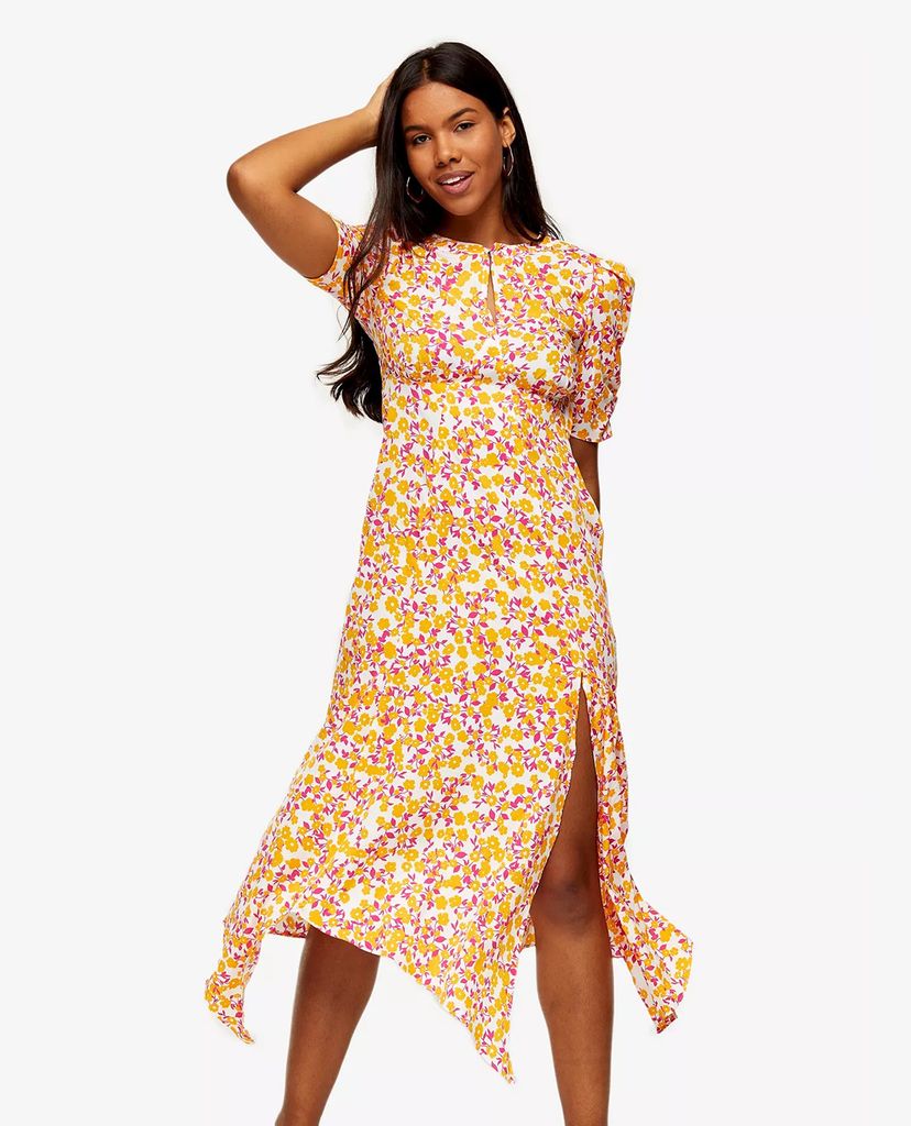 TOPSHOP - Đầm midi tay ngắn Orange Ditsy Ruched Sleeve