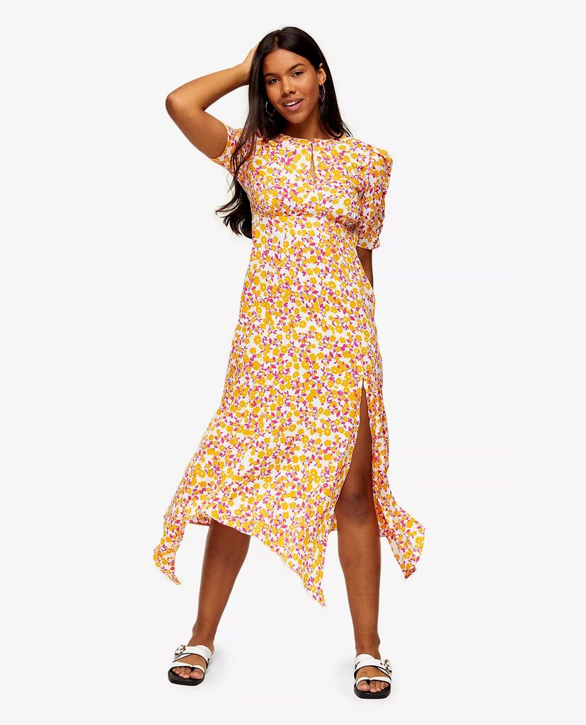 TOPSHOP - Đầm midi tay ngắn Orange Ditsy Ruched Sleeve