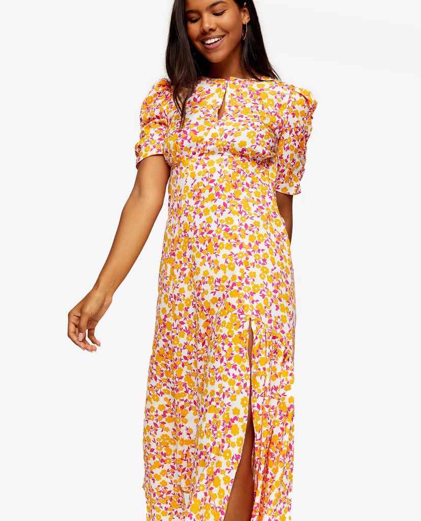 TOPSHOP - Đầm midi tay ngắn Orange Ditsy Ruched Sleeve