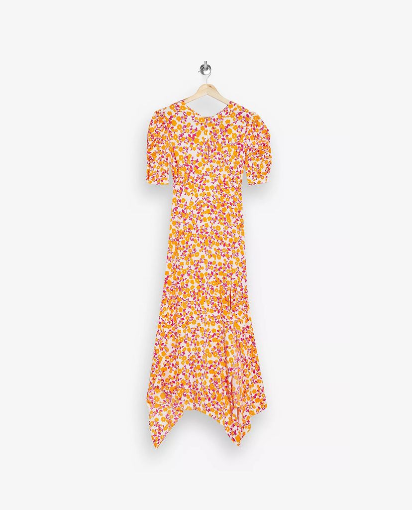 TOPSHOP - Đầm midi tay ngắn Orange Ditsy Ruched Sleeve