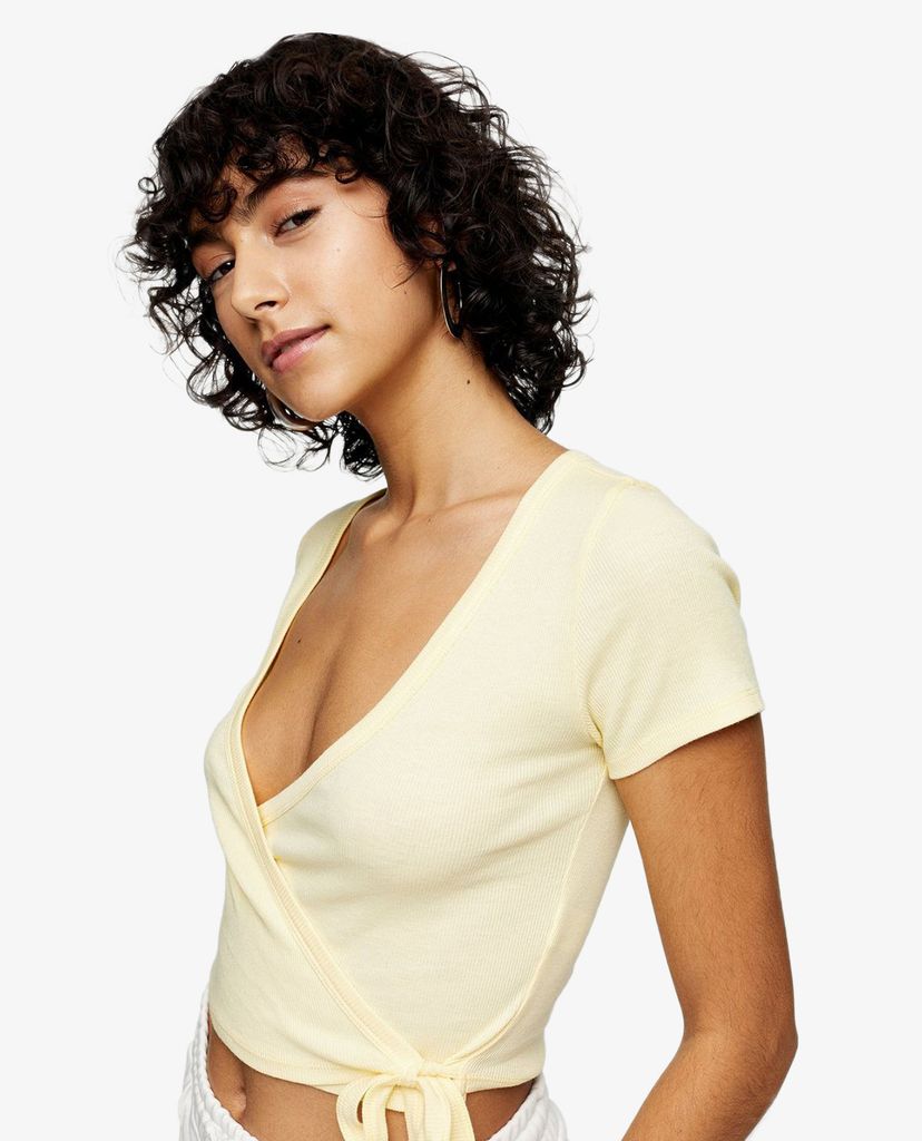 TOPSHOP - Áo kiểu nữ croptop cổ V tay ngắn Yellow Ribbed Ballet Wrap