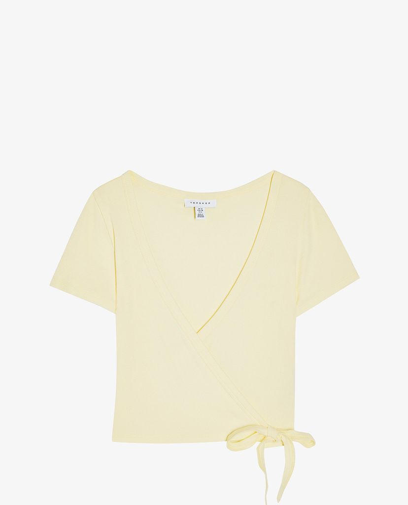 TOPSHOP - Áo kiểu nữ croptop cổ V tay ngắn Yellow Ribbed Ballet Wrap