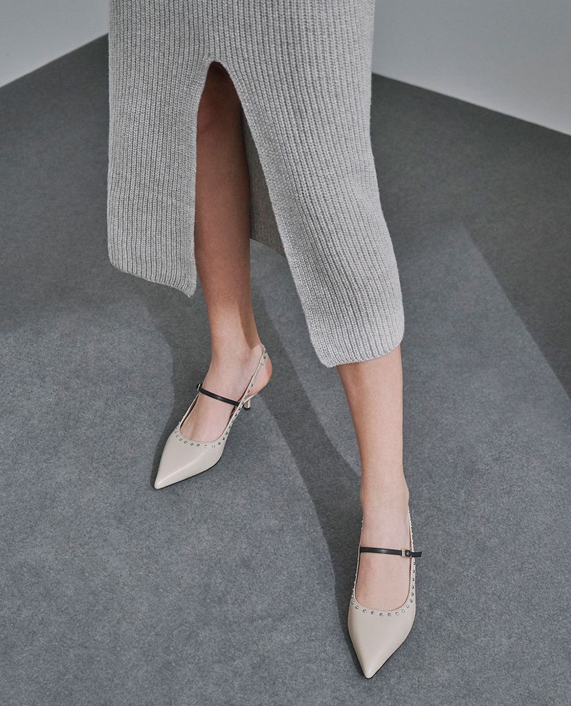 CHARLES & KEITH - Giày cao gót mũi nhọn Tweed & Leather Slingback