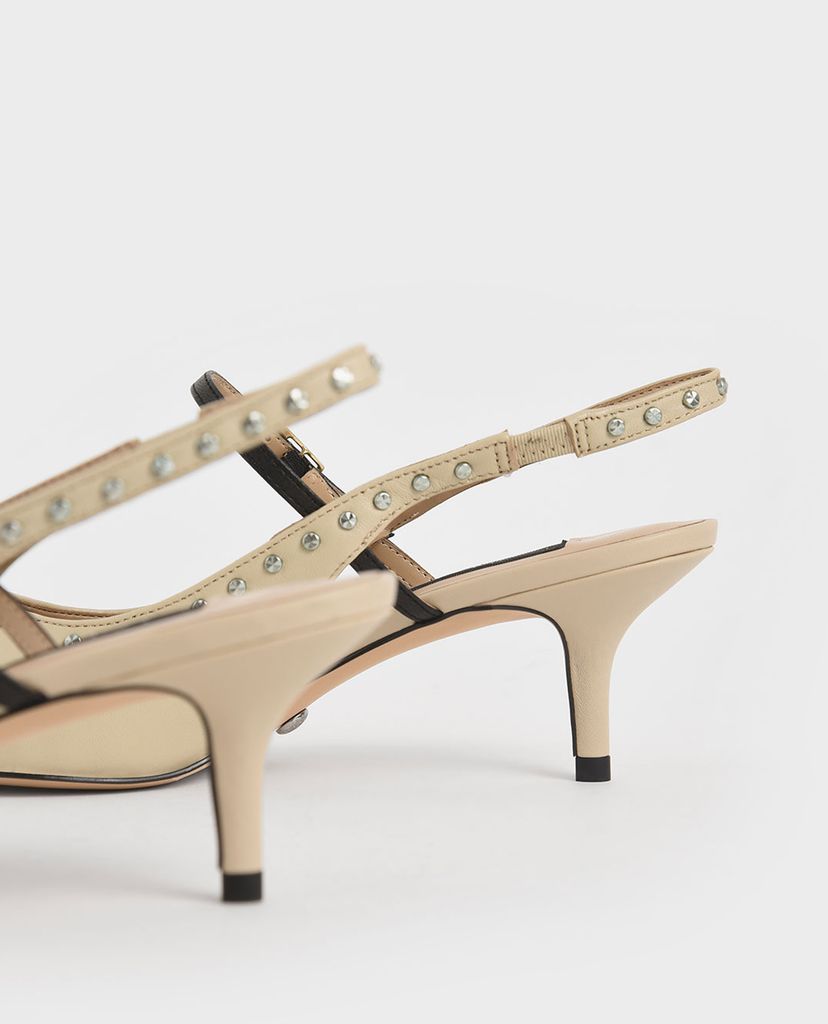 CHARLES & KEITH - Giày cao gót mũi nhọn Tweed & Leather Slingback