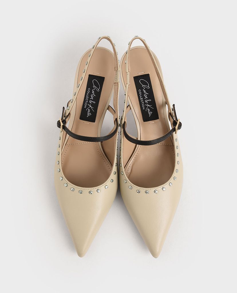 CHARLES & KEITH - Giày cao gót mũi nhọn Tweed & Leather Slingback
