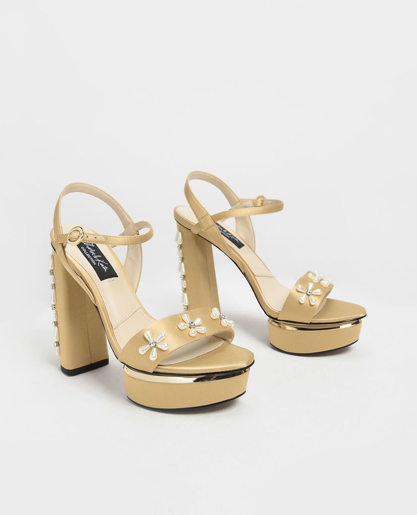 CHARLES & KEITH - Giày cao gót đế vuông Floral Embellished Satin