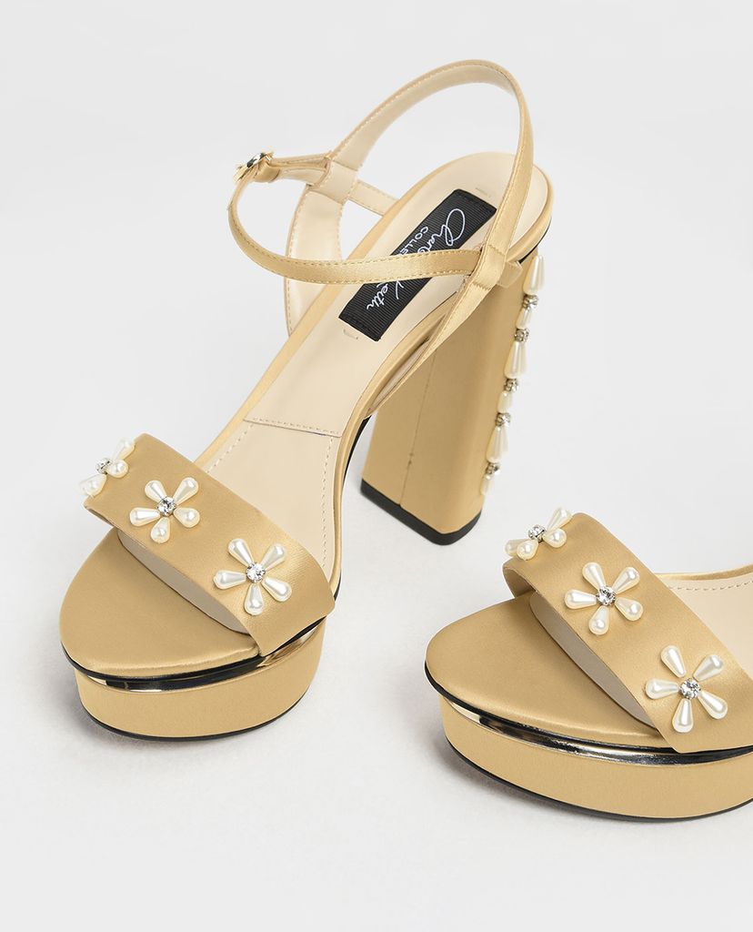 CHARLES & KEITH - Giày cao gót đế vuông Floral Embellished Satin
