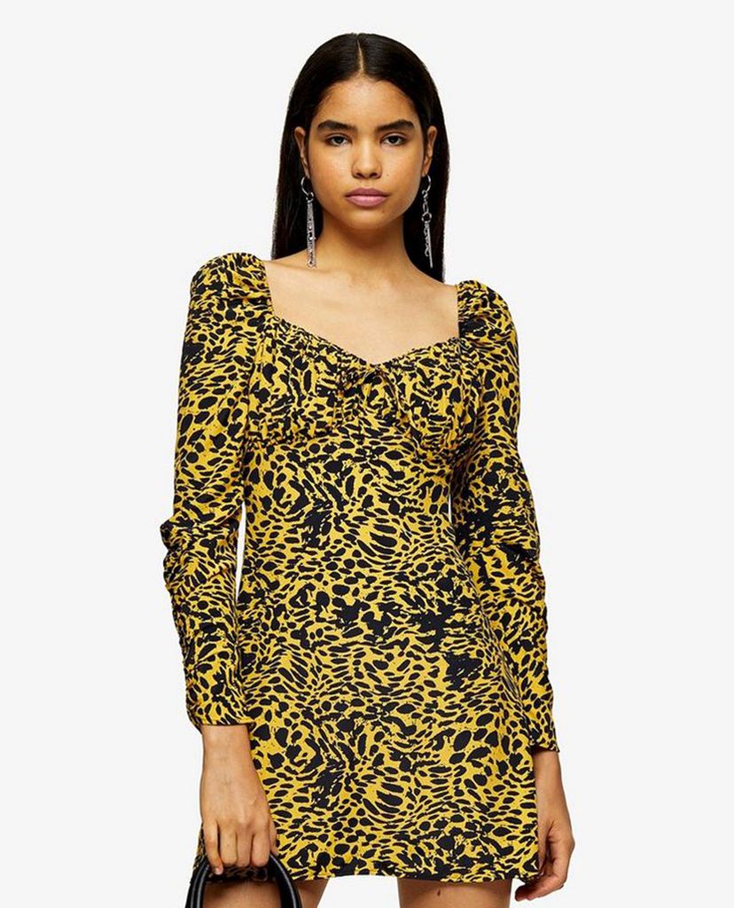 TOPSHOP - Đầm mini tay dài Yellow Animal Print