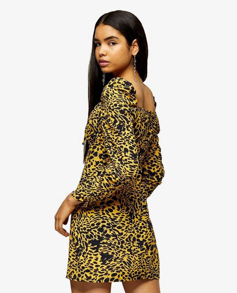 TOPSHOP - Đầm mini tay dài Yellow Animal Print