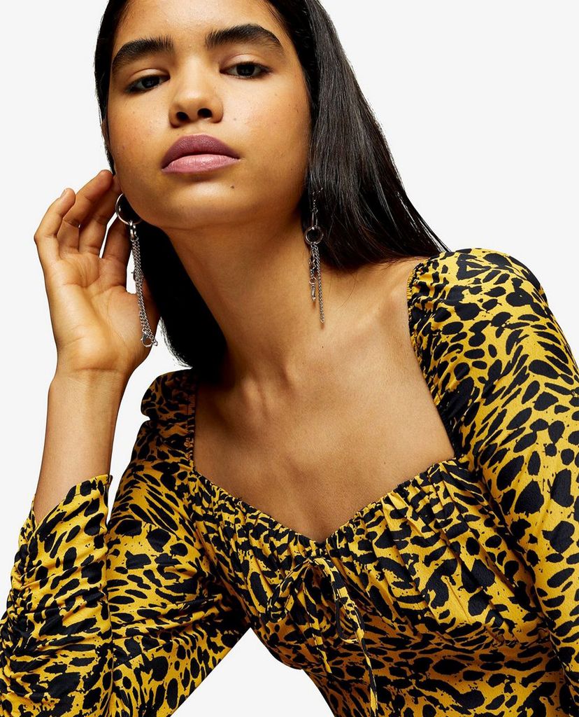 TOPSHOP - Đầm mini tay dài Yellow Animal Print