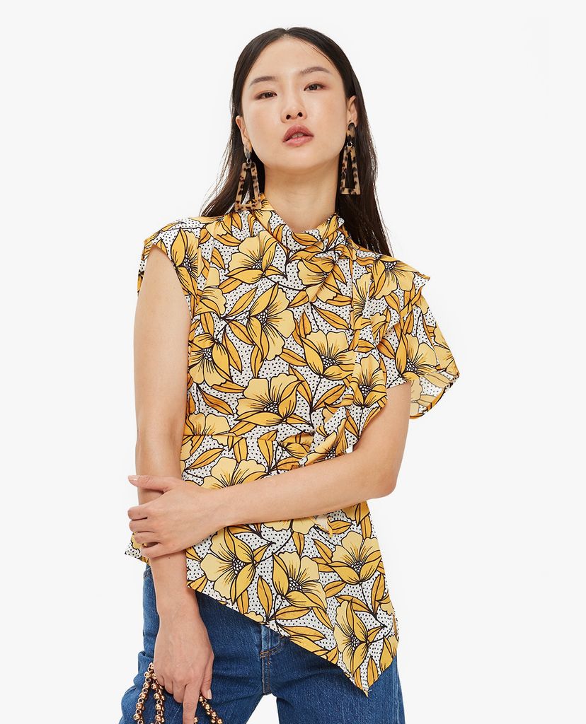 TOPSHOP - Áo kiểu nữ cổ tròn tay ngắn Spot & Floral Print Ruffle