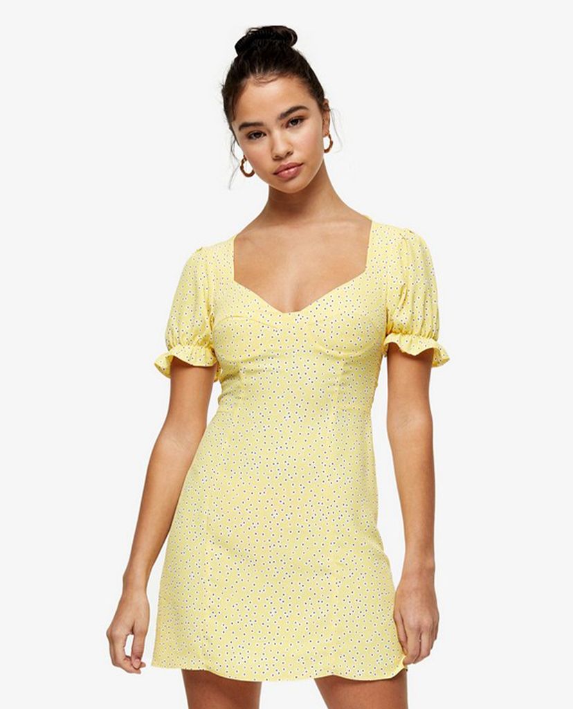 TOPSHOP - Đầm mini ngắn tay cổ vuông phối họa tiết chấm bi