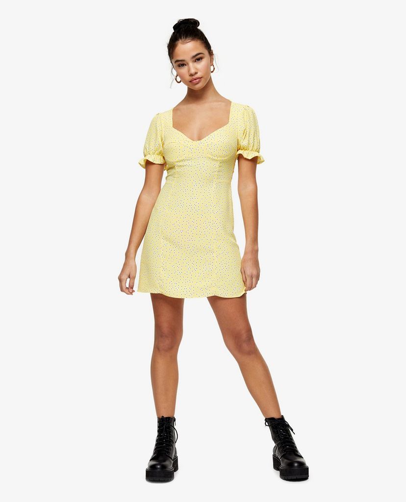 TOPSHOP - Đầm mini ngắn tay cổ vuông phối họa tiết chấm bi