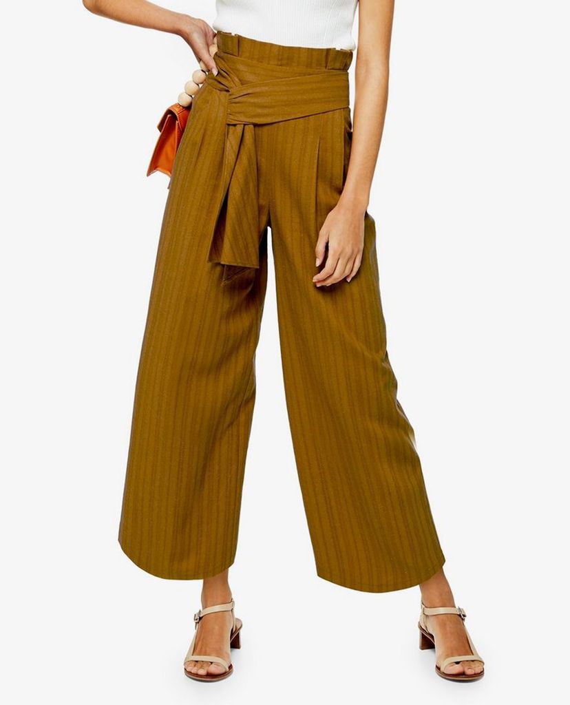 TOPSHOP - Quần kiểu nữ ống rộng Mustard Stripe Belted Crop Wide Leg